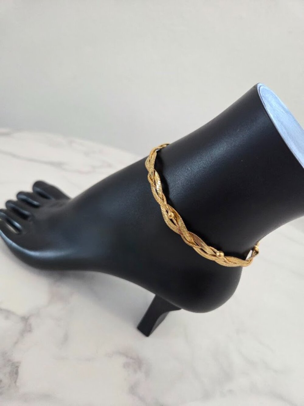 Vintage Gold Braided Herringbone Anklet Chevron Chain Anklet with Beads - Picture 4 of 12